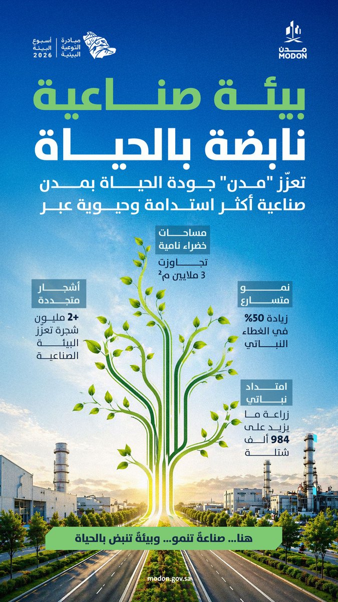 modon_ksa's tweet photo. ترسّخ “مدن” بيئة صناعية تنمو بخضرتها… حيث يلتقي التقدّم الاقتصادي مع استدامةٍ تعزز جودة الحياة بالمدن الصناعية. https://t.co/egTLyNXXX7