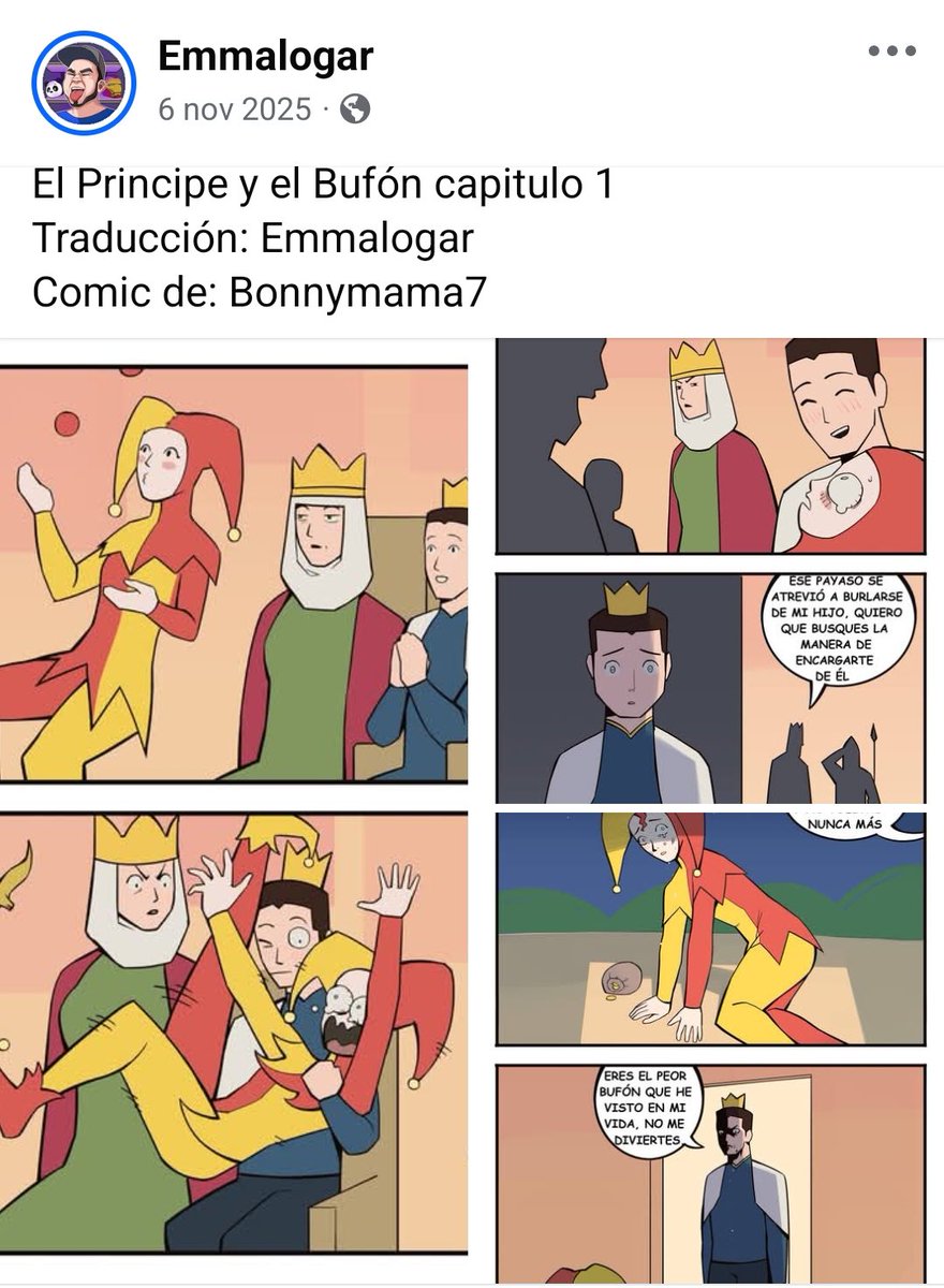 Demention182's tweet photo. @Ghxstboy9 Ahhh me acordé de un cómic que comenzó como una tira graciosa donde el príncipe se enamora de la bufón, pero la reina se da cuenta de esto y para proteger al bufon, el príncipe la despide, porque la reina parecía ser del tipo controladora, creo que se llama el príncipe y el bufon https://t.co/BLcOqytTiC