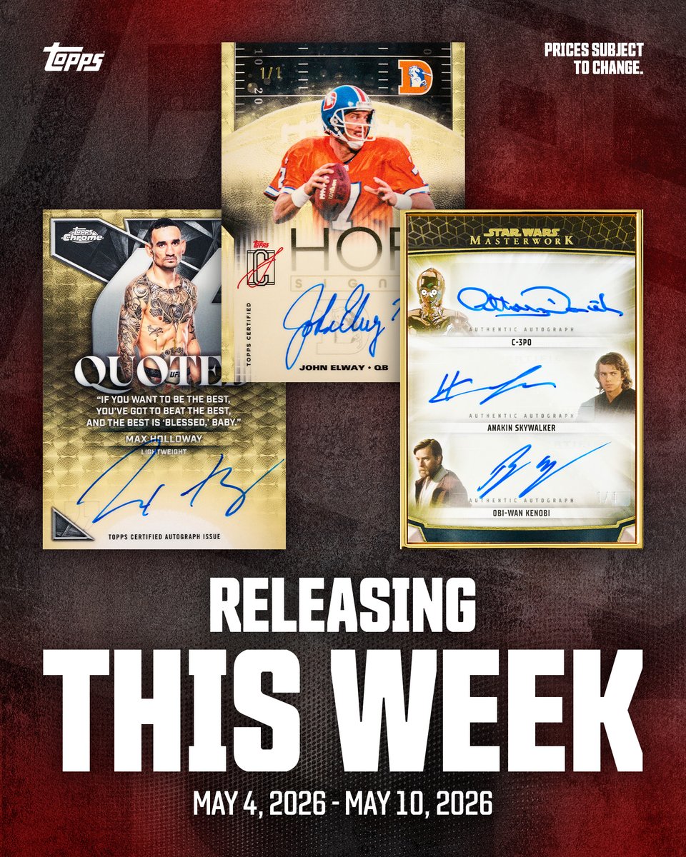 Topps's tweet image. ⏰ RELEASING THIS WEEK ⏰

2025 Star Wars Masterworks - Pre-Order 🪐
Mon. 5/4 - 12 PM EST - EQL release
Hobby Box: $439.99
4 mini-boxes per master box, 5 cards per mini-box

2025 Topps Chrome Platinum Baseball - Pre-Order ⚾️
Tues. 5/5 - 12 PM EST
Hobby Box: $139.99
20 packs per