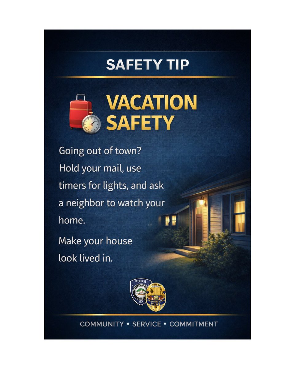 PembrokeParkPD's tweet photo. 🤔 TUESDAY SAFETY TIP 💡

Summertime is here - are you going out of town? Planning a vacation/staycation?
Contact the @USPS and put a hold on your mail. Use timers for lights. Ask a neighbor to watch your home. A few simple steps to make your house look lived in while you're away https://t.co/ZgSldrlicU