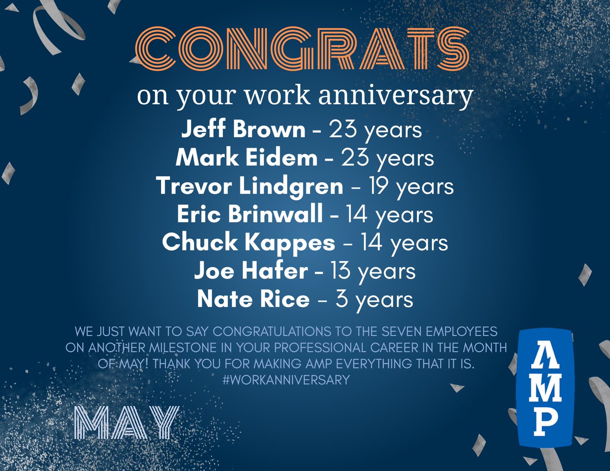AMP_mfg's tweet photo. #teamAMP just wants to say congratulations to the 7 employees on another milestone in your professional career. Thank you for helping to make AMP everything that it is. Happy work anniversary in the month of May! #companyculture #teamAMP #solutionsforpower #workanniversary https://t.co/zPmeSRkhoz