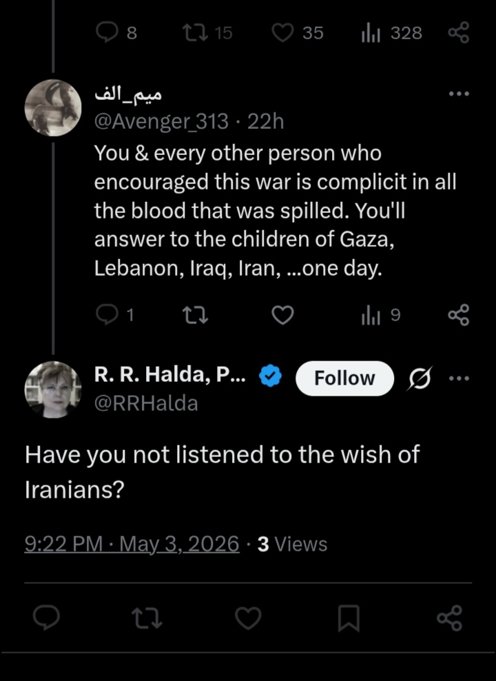 Avenger_313's tweet photo. @chico_ray As I told this person @RRHalda (who blocked me like a coward), you're all complicit in the death of innocent children in this region for spreading propaganda after propaganda. You think you care about us Iranians, but you don't. https://t.co/XAC06IH05p