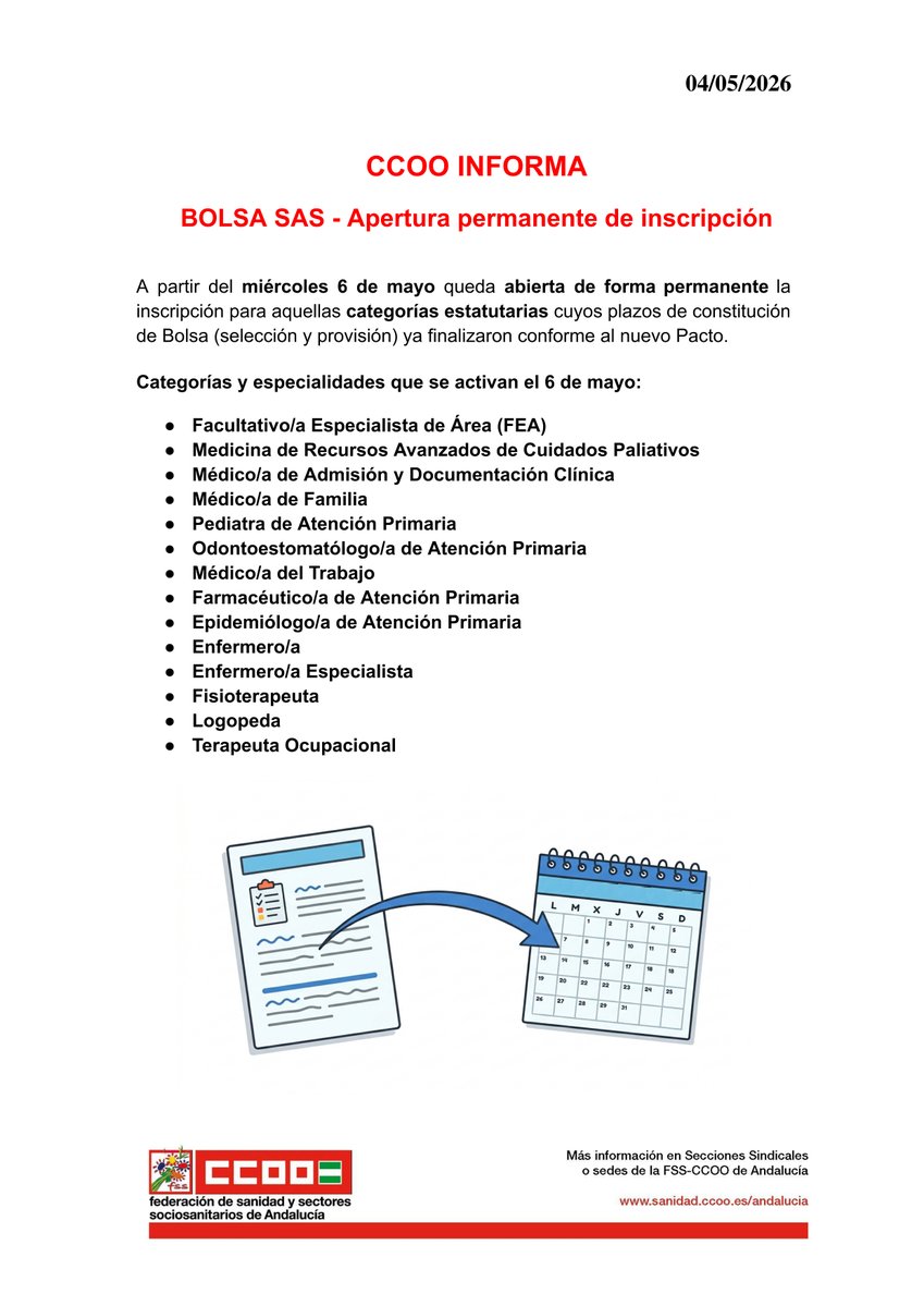fssccooand's tweet image. 📌 CCOO Informa - Bolsa SAS

📑 Apertura de forma permanente de la inscripción para determinadas categorías

🗓 Mira las que se activan el 6 de mayo

💻 sanidad.ccoo.es/andalucia/noti…

#CCOOTuSolución #Andalucía #SAS