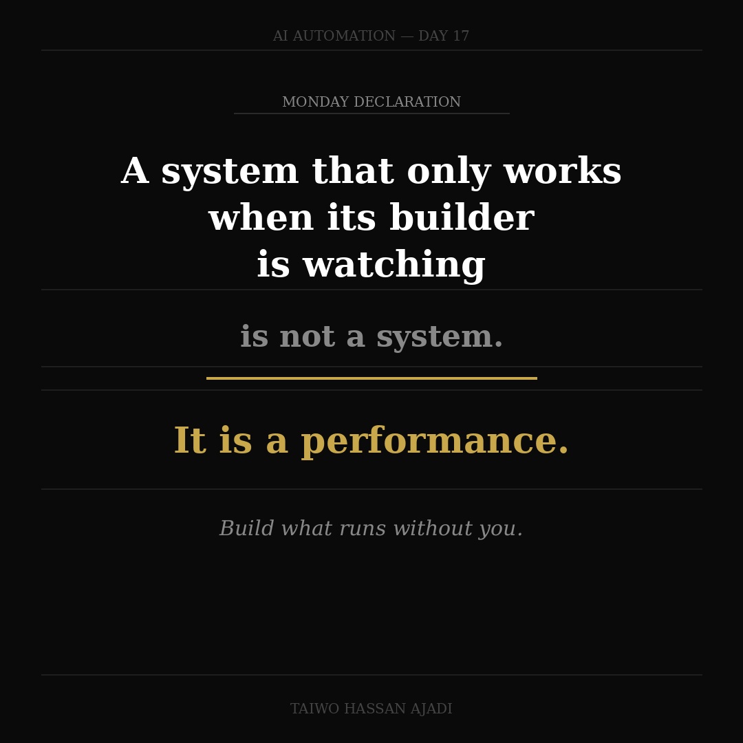 azant's tweet photo. A system that only works when its builder is watching is not a system.
It is a performance.
@tech_babby @cognixai_
#Techbabby #BuildingInPublicWithCognixAI https://t.co/wvmUV2WOfE