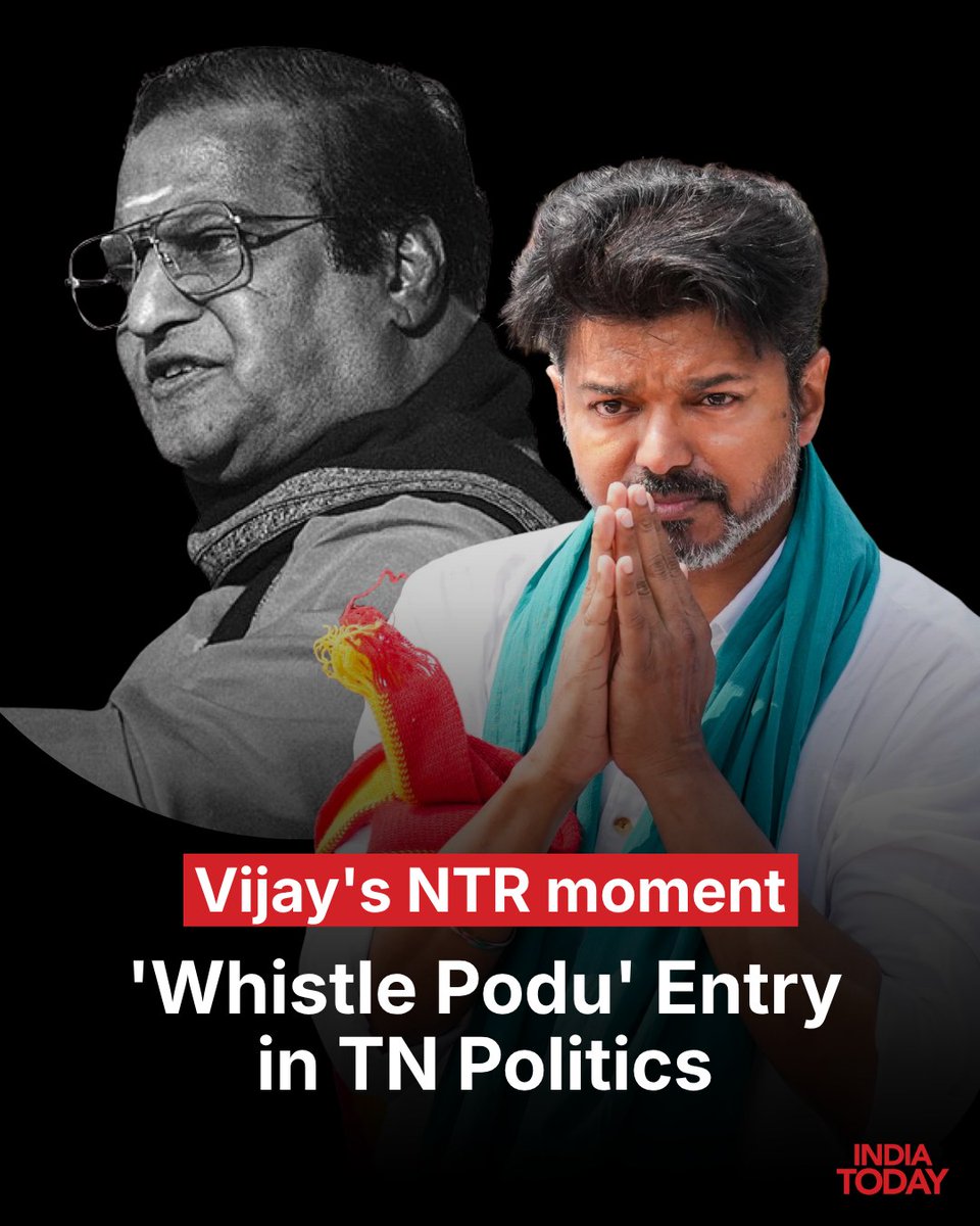 IndiaToday's tweet photo. A new political chapter is being compared to historic regional transitions as Thalapathy Vijay’s TVK crosses the 100-seat mark in the Tamil Nadu Assembly, drawing parallels with legendary mass leaders like Nandamuri Taraka Rama Rao. Much like NTR’s iconic rise after forming the TDP and reshaping Andhra Pradesh politics, Vijay’s solo political journey is being viewed as a “lone lion” moment—challenging established Dravidian power structures and reviving the legacy of cinema-to-politics transformations in South India.

#TVK #Vijay #NTR #TamilNaduPolitics #AndhraPolitics #AssemblyElection #ElectionTrends #MassLeader #CinemaToPolitics #ResultsOnIndiaToday #ElectionsOnIndiaToday