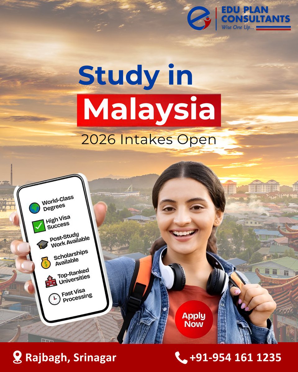 eduplanconsult's tweet photo. Your future starts here 📷📷
Study in Malaysia 📷 – 2026 intakes now open!
Top universities | High visa success | Scholarships available
📷 Rajbagh, Srinagar
📷 +91-954 161 1235
#StudyAbroad #MalaysiaStudy #EduPlanConsultants #AdmissionsOpen #2026Intake https://t.co/V3fRnZlVFz