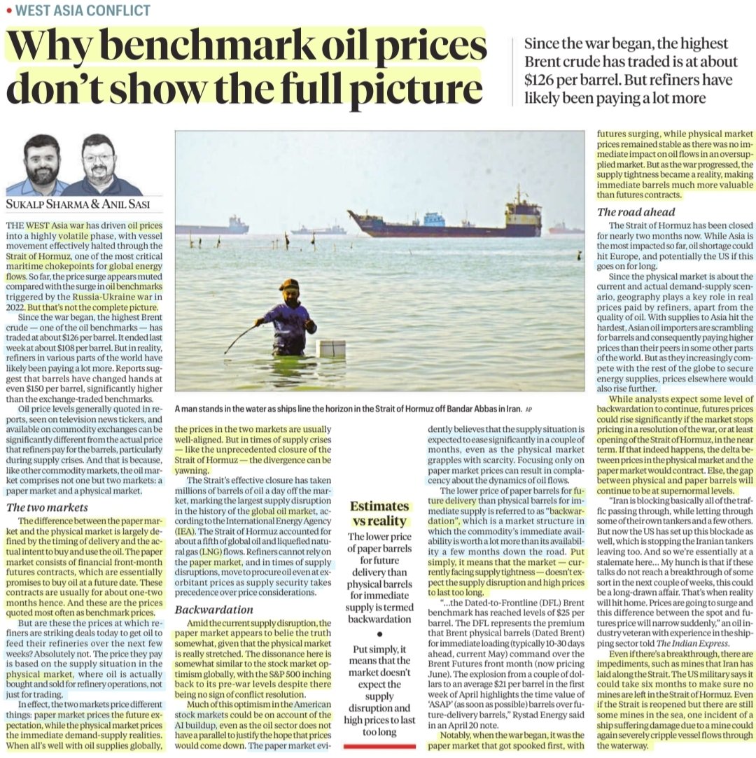 imRavikantYadav's tweet photo. Why Benchmark Oil prices don't shoe the full picture
:Explained by Sh Sukalp Sharma & Sh Anil Sasi
@sukalp4 @sasi_anil
#OilPrices #IranWar #StraitOfHormuz #MaritimeChokepoints
#GolbalEnergy #LNG
#BrentCrude
#USA #Israel
#PaperMarket #PhysicalMarket
#Backwardation
#UPSC https://t.co/XTuJqI7Uoy