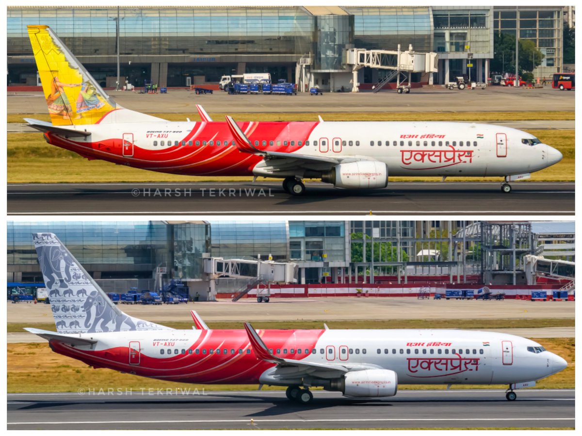 avgeekwithlens's tweet image. An @AirIndiaX combo of old and new! Seen here is a legacy B737 in the old AIX livery, but with new tail art. The aircraft previously had the Garba–Bihu dance tail art. (1/2)

@Jaipur_Airport #SpotTheTail #TalesOfIndia #Boeing #AirIndiaExpress