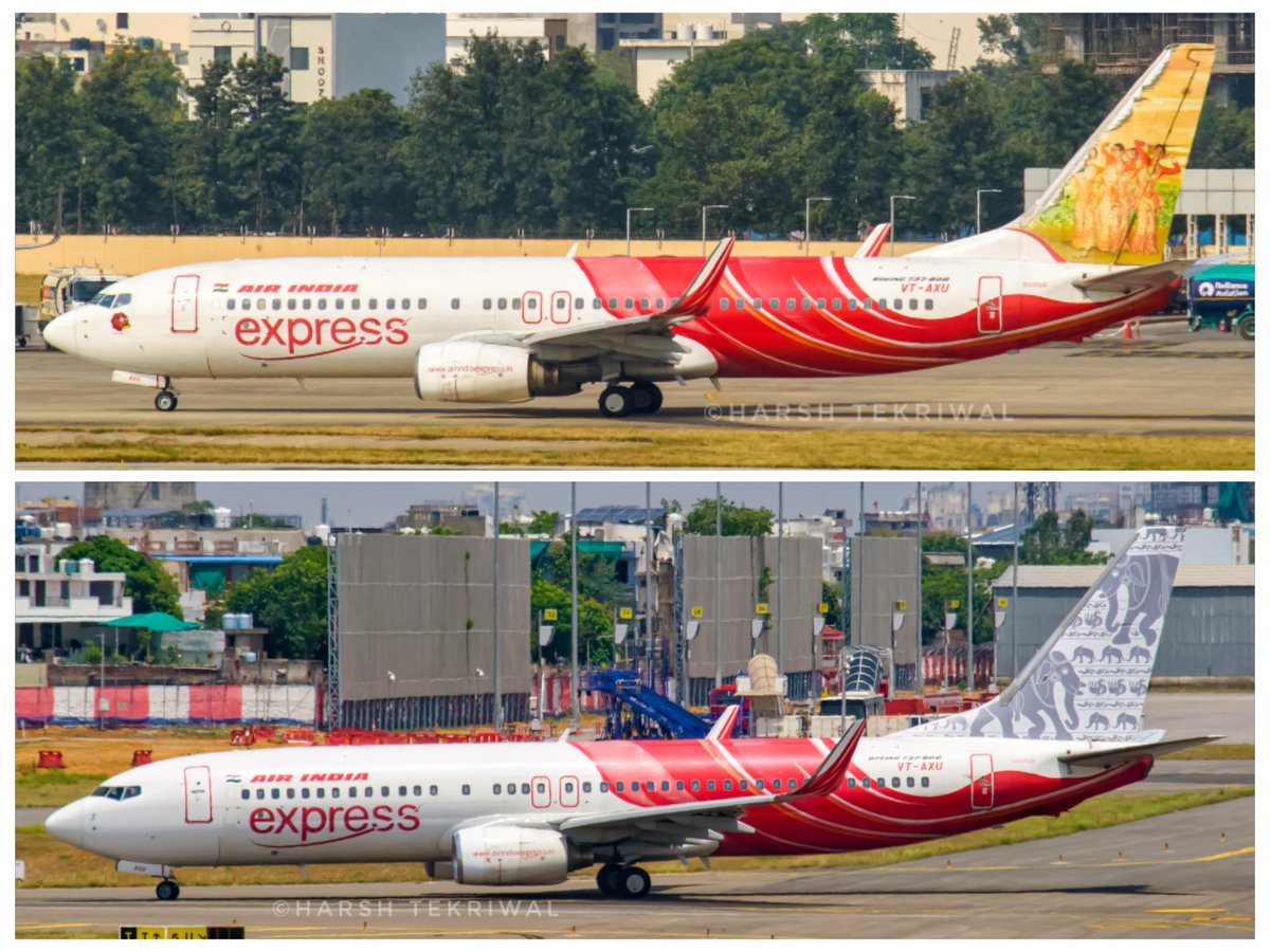 avgeekwithlens's tweet image. An @AirIndiaX combo of old and new! Seen here is a legacy B737 in the old AIX livery, but with new tail art. The aircraft previously had the Garba–Bihu dance tail art. (1/2)

@Jaipur_Airport #SpotTheTail #TalesOfIndia #Boeing #AirIndiaExpress