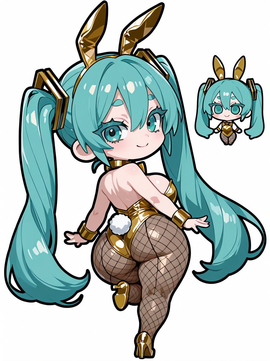 largebreaster's tweet photo. prompt
masterpiece, best quality, kawaii, chibi, thick black outline, from behind, 1girl, big head, large breasts, wide hips, turquoise twintails, shiny gold bunny girl outfit, one leg up, arms at sides, looking back, smiling, white background

#hatsunemiku #aiart https://t.co/k6NFr4iLJY