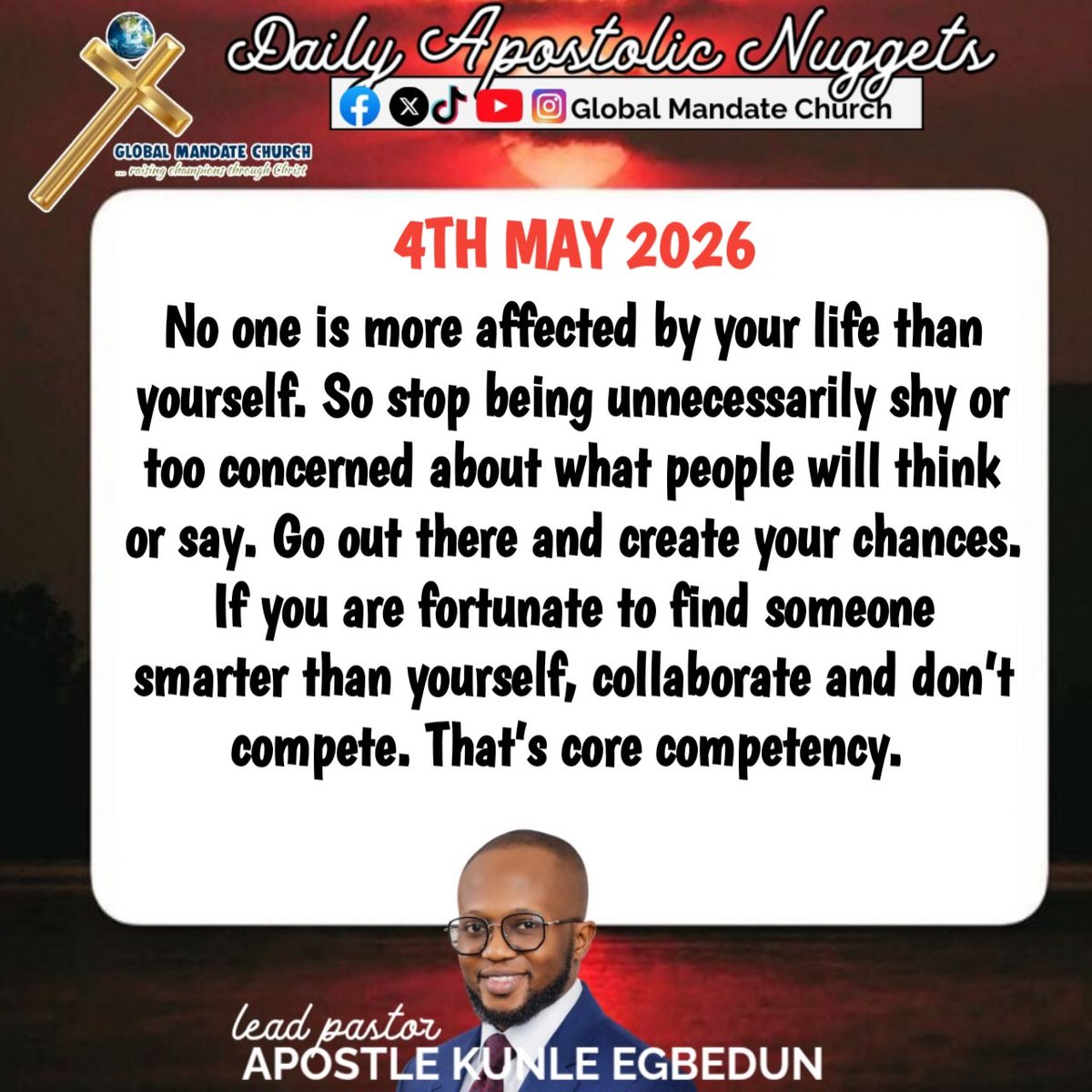Globalmandate_C's tweet image. Daily Apostolic Nuggets | 4th May 2026

No one carries your life like you do. So don’t shrink yourself because of opinions or fear of judgment.

#DailyApostolicNuggets #KingdomGrowth #BeBold #PurposeDriven #GlobalMandateChurch