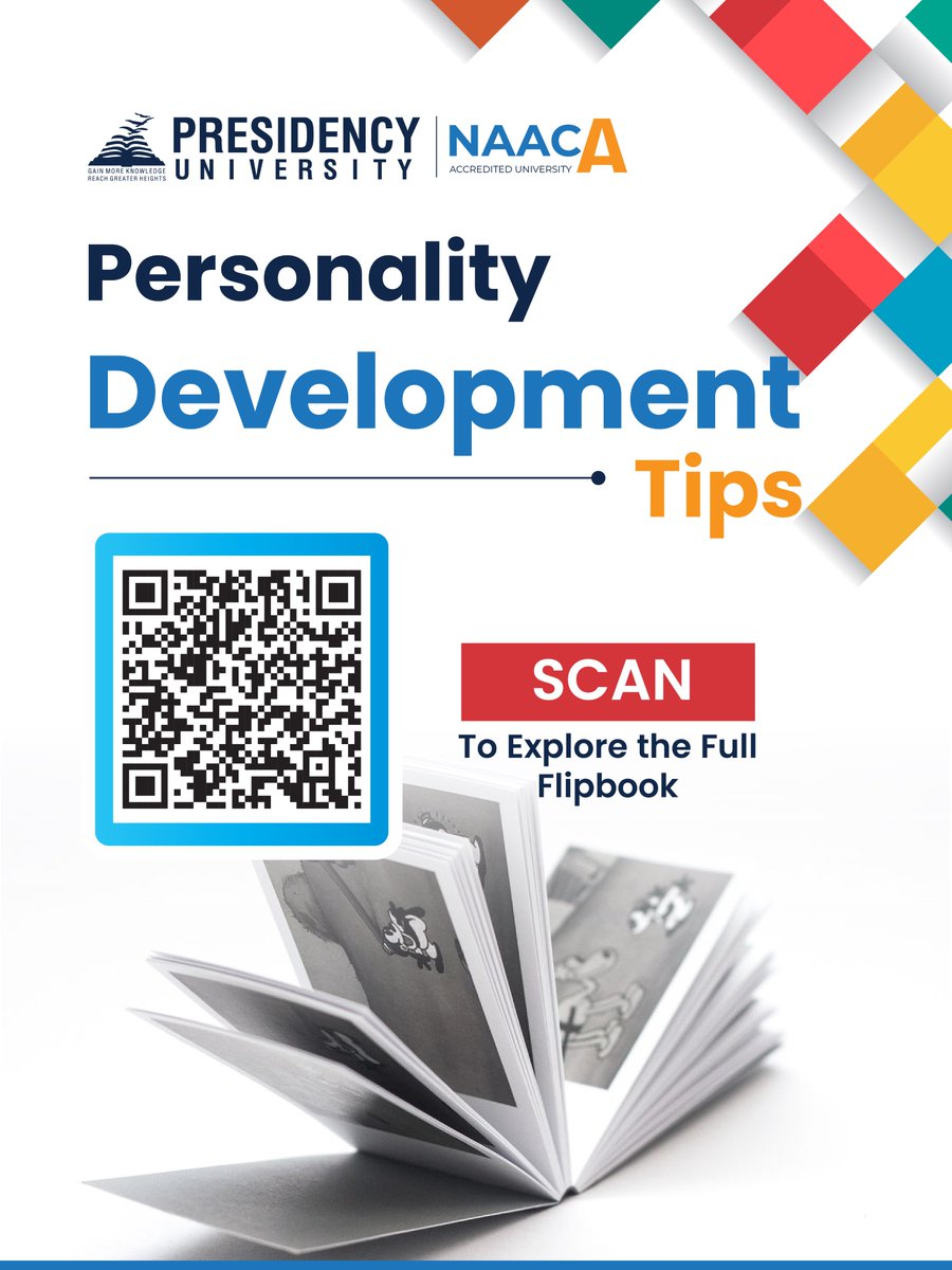 Uni_Presidency's tweet image. Presidency University's Personality Development Tips Flipbook is here!

Build confidence, sharpen your communication &amp;amp; grow beyond the classroom.

📲 Scan the QR code &amp;amp; start today!

#PresidencyUniversity #PersonalityDevelopment #StudentLife #GrowthMindset