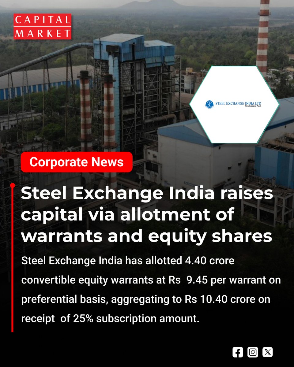 CapitalMarket17's tweet image. Steel Exchange India Boosts Capital Base with Warrants and Equity Share Allotment
capitalmarket.com
#SteelExchangeIndia #Fundraising #EquityShares #Warrants #CapitalRaise #CorporateFinance #StockMarketIndia #MarketNews #BusinessUpdate #InvestorFocus #EquityMarkets