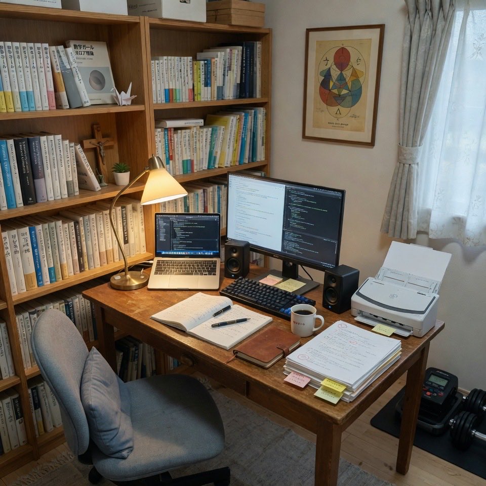 hyuki's tweet photo. 「私とのこれまでの対話から、私の部屋の様子をリアルに描く画像生成AIのプロンプトを答えてください。完全に想像で構いません。結果のみ回答」とクローデさん（Claude Desktop on iOS）に伝えて、出たプロンプトを画像生成AIに与えてみました。みんなもやってみよう😆 https://t.co/Md3OhZFk0g