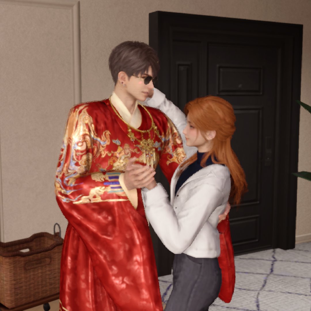 VixenLisek's tweet image. Gege, what are you wearing? 😂 

Dance break with Caleb at home. I dunno, the New Year's fit combined with the cute blush and sunglasses is kinda growing on me, especially when he invites me to dance with him 🤭

#loveanddeepspace #newyear #dancing #together