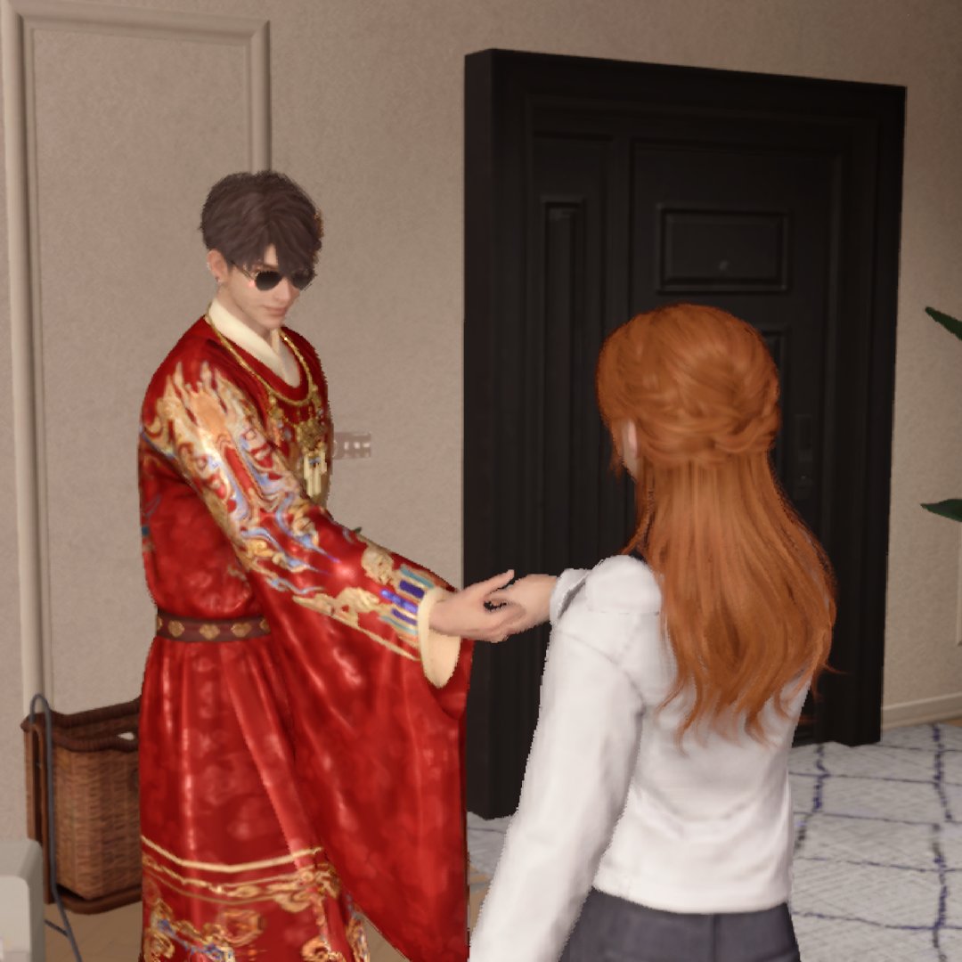 VixenLisek's tweet image. Gege, what are you wearing? 😂 

Dance break with Caleb at home. I dunno, the New Year's fit combined with the cute blush and sunglasses is kinda growing on me, especially when he invites me to dance with him 🤭

#loveanddeepspace #newyear #dancing #together