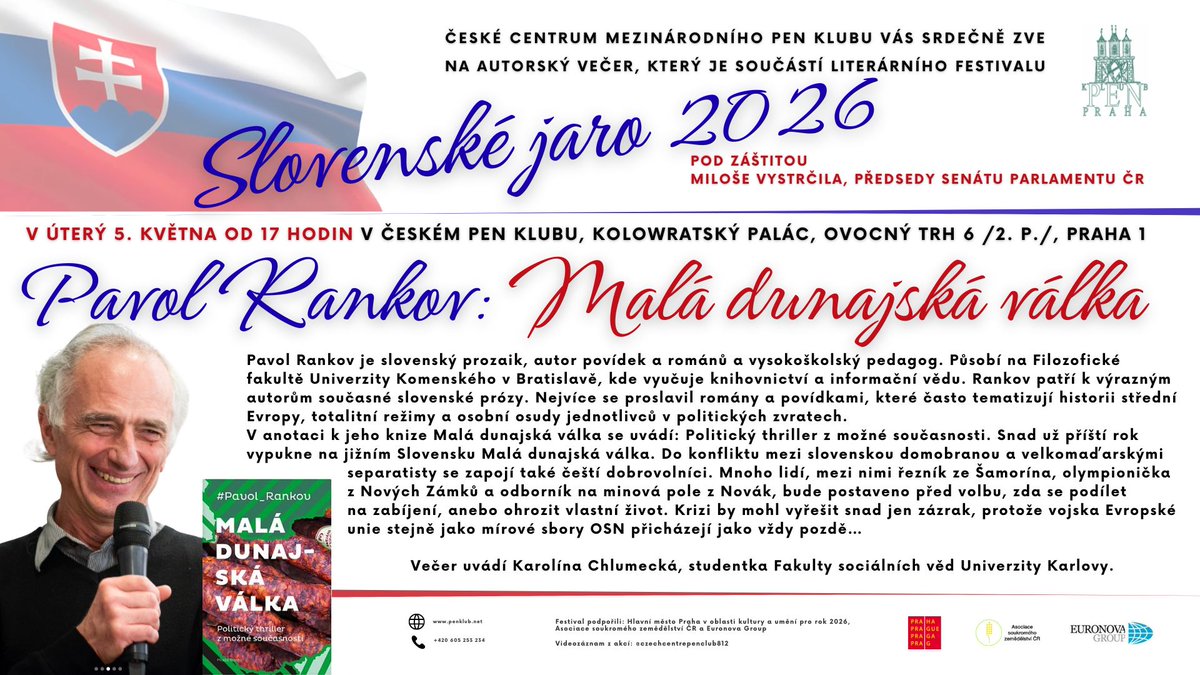 PoselPulnoci's tweet photo. Už zítra můžete v Praze díky @penklubCZ strávit podvečer ve společnosti oceňovaného slovenského spisovatele Pavola Rankova, dobře známého i českým čtenářům díky přeloženým románům Stalo se prvního září, Matky, Legenda o jazyku či Malá dunajská válka. 
#slovenskejaro #ceskypenklub https://t.co/VcUh5sxWqX