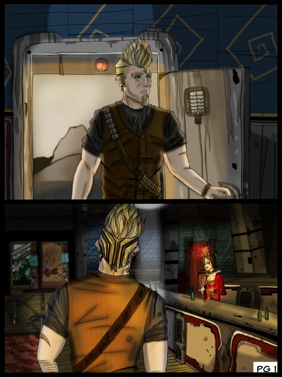 samthemoose101's tweet image. Vault of the Sky Page 1 

An ex-Atlas employee walks into a bar.... tell me someone knows the rest of the joke? 

First page of my comic for my ocs. This, being introduced, is Eric, one of Moxxi's, soon to be, bouncers.  

#borderlands #comic #oc #originalcharacter #moxxi