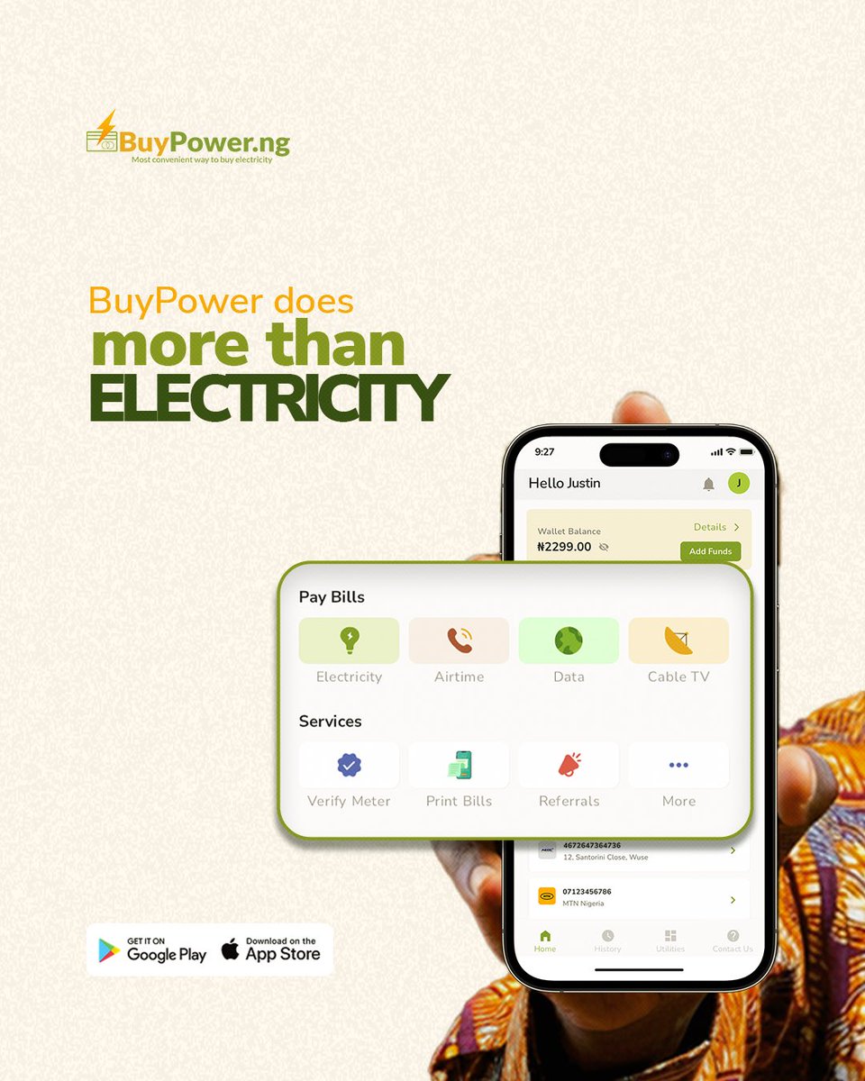 buypowerng's tweet image. Quick reminder 👇

BuyPower isn’t just for buying electricity units.

You can also:
• Buy airtime
• Purchase data
• Pay cable TV bills

All in one place, without switching between apps.

Simple. Convenient. Reliable.

#buypower #didyouknow #airtime #data #cabletv #nigeria