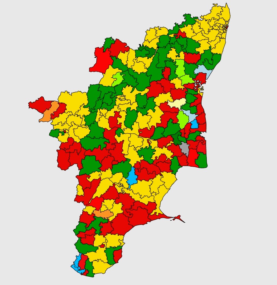peejaygeorge's tweet photo. TVK dominates all major urban centres in TN. Chennai, Salem-Coimbatore corridor are yellow. #tamilnadulegislativeassemblyelection2026 https://t.co/otXH0gBQUL