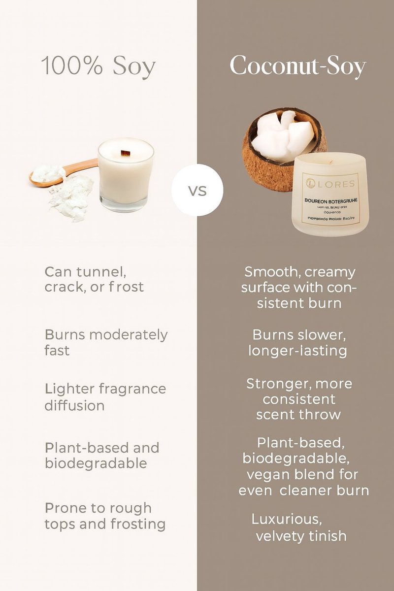 OloresNG's tweet photo. Not all candles are created equal 🤍

100% Soy vs Coconut-Soy: the difference is in the experience.
If you love a smooth finish, slower burn, and a stronger, longer-lasting scent… you already know which side wins 😉 https://t.co/jwZgMVl3mi