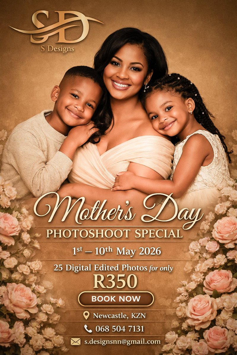 SDesigns_01's tweet photo. Celebrate Mom’s love with timeless portraits — Captured by S Designs.

From 1–10 May 2026, S Designs is offering a Mother’s Day Photoshoot Special: 25 professionally edited digital photos for only R350. Book now and let us turn your vision into reality...

#MothersDay2026 https://t.co/iC2BjgffeN