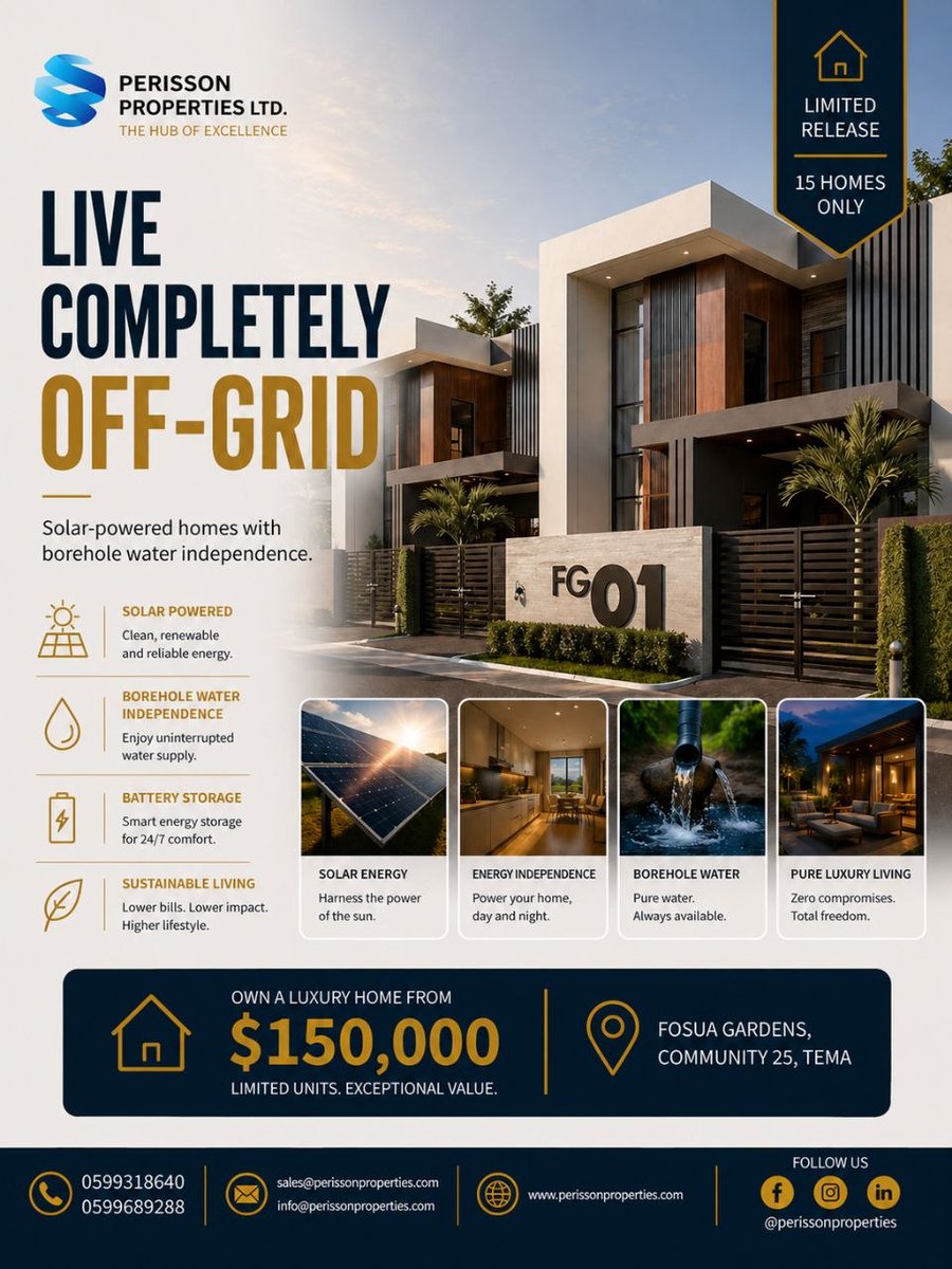 perissonpropt's tweet image. A home that gives you control.

Power. Water. Comfort. uninterrupted.

Off-grid living, thoughtfully designed.
Limited homes available.

#PerissonProperties
#LuxuryLivingGhana
#OffGridLiving