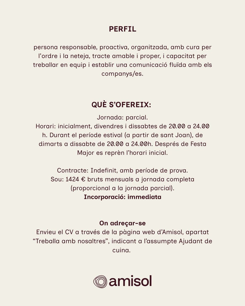 AmisolSolsona's tweet photo. OFERTA DE FEINA: busquem un/a AJUDANT DE CUINA per al Bar Casal. Envieu CV per la pàgina web https://t.co/t57K3zXNr9 apartat Treballa amb nosaltres, indicant l'assumpte: Ajudant de cuina. 

https://t.co/1U94Lxc9CL

#ofertadefeina #ofertalaboral #barcasal #amisol #solsona https://t.co/DFvnt7buBM
