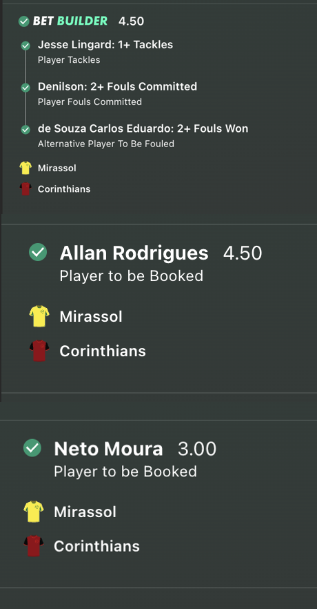 BallsyBets_UK's tweet photo. 5/6 hit on Mirassol vs Corinthians card 🎯

✅ Neto Moura YC @ 3.00 
✅ Allan YC @ 4.75 
✅ Carlos Eduardo 2+ Fouls Drawn 
✅ Denilson 2+ Fouls 
✅ Lingard 1+ Tackles https://t.co/8rlQzX5Z9c