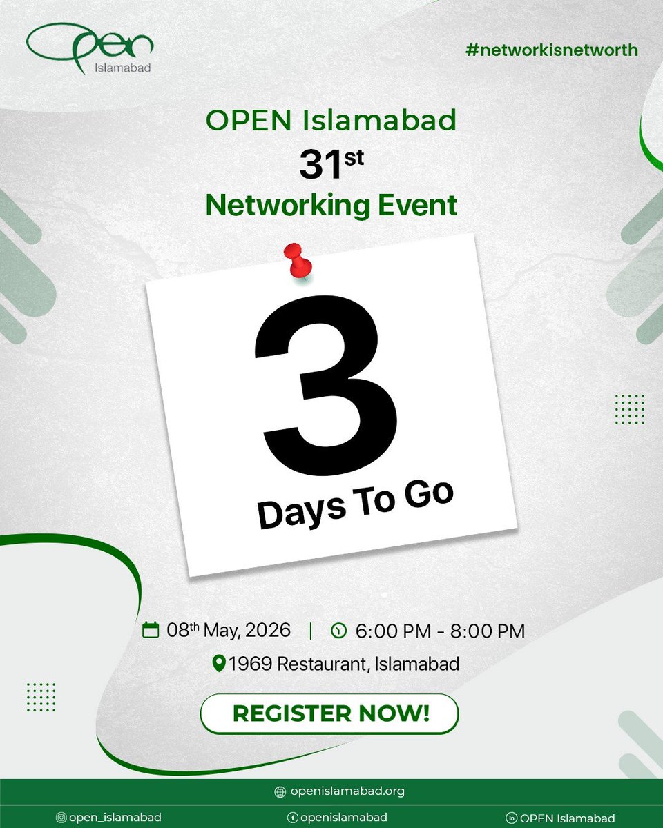 OpenIslamabad's tweet photo. 3 Days to Go! 

OPEN Islamabad's Quarterly Networking Event is around the corner. If you haven't registered yet — now's the time!

📅 8th May 2026 
⏰ 6:00 PM – 8:00 PM
📍 1969 Restaurant, Islamabad
🔗 Register here: https://t.co/Pb3eFRs80c

Don't miss out, see you there! https://t.co/c45ToqZhgY