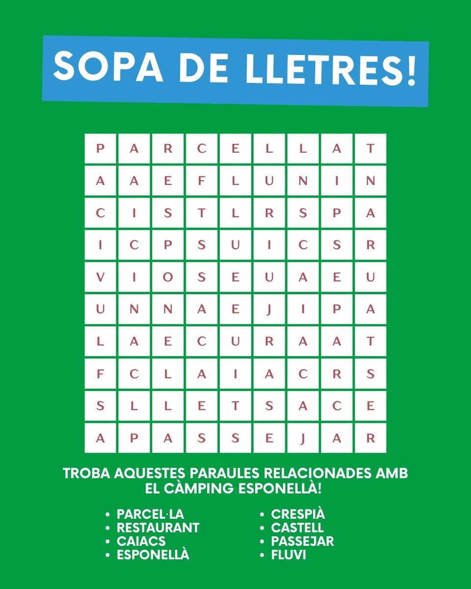 campesponella's tweet photo. Si aquest cap de setmana esteu al #campingesponella (que segurament sí), aquí teniu una sopa de lletres per passar l’estona en família! No mireu la segona imatge, que hi ha la solució! 😜 #campingesponella #campingsGirona #campingsenfamília #vacances #escapada #turismefamiliar https://t.co/RrO5jSFAbH