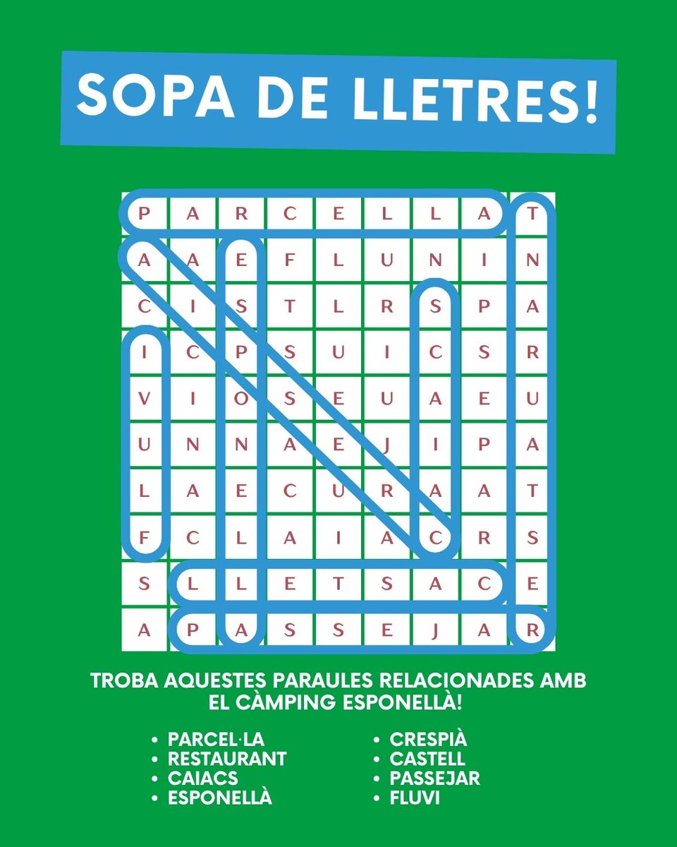 campesponella's tweet photo. Si aquest cap de setmana esteu al #campingesponella (que segurament sí), aquí teniu una sopa de lletres per passar l’estona en família! No mireu la segona imatge, que hi ha la solució! 😜 #campingesponella #campingsGirona #campingsenfamília #vacances #escapada #turismefamiliar https://t.co/RrO5jSFAbH