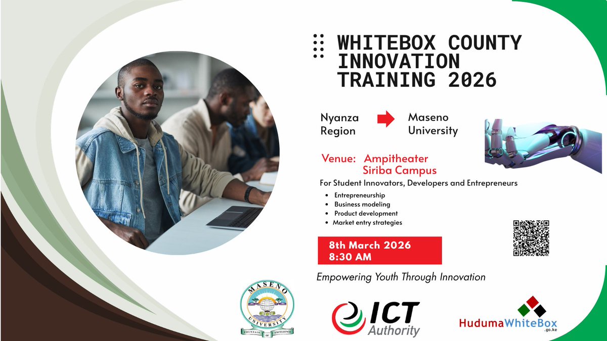 Whitebox_Ke's tweet photo. @Maseno_Uni innovators, this is your moment! The Whitebox Program is heading to your campus for an Innovation Training on 8th May, bringing together bright minds to explore ideas, research &amp; scalable solutions. If you're passionate about innovation,this is for you @ICTAuthorityKE https://t.co/1e1apwDnmN