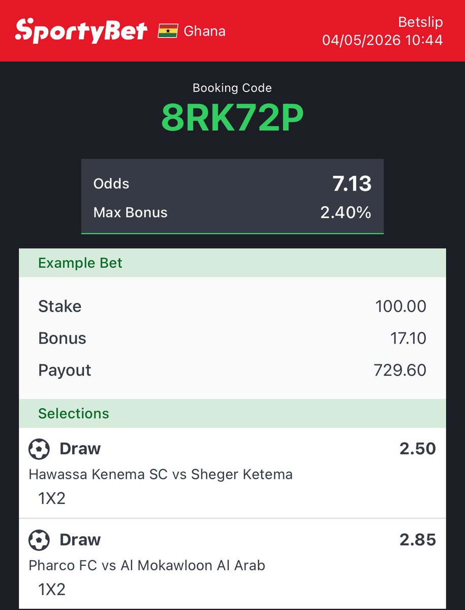 bingoodds1's tweet photo. Draw gang loading… no risks, just patience 🎯
Code: 8RK72P
#SportyBet #BettingTips #DrawGame #Odds https://t.co/X8QXpDu0Ig