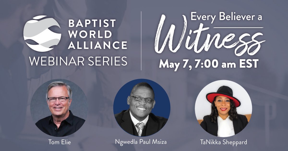 BaptistWorld's tweet photo. We look forward to gathering for the “Every Believer a Witness” webinar on May 7 at 7:00 AM (Eastern Time). This interactive session will explore the biblical foundations of personal witnessing, offer practical insights, and introduce a simple one-minute tool to help you share your faith with clarity and confidence. Panelists include Tom Elie, Ngwedla Paul Msiza, and Tanikka Sheppard. Together, we will consider how each of us can play a part in advancing the mission of reaching 450 million people by 2033 as we live out the Great Commission through the BWA Acts 2 Movement. Save your spot today: https://t.co/IfUT8LSU43

 #EvangelismMonth #Acts2Movement #BaptistWorld