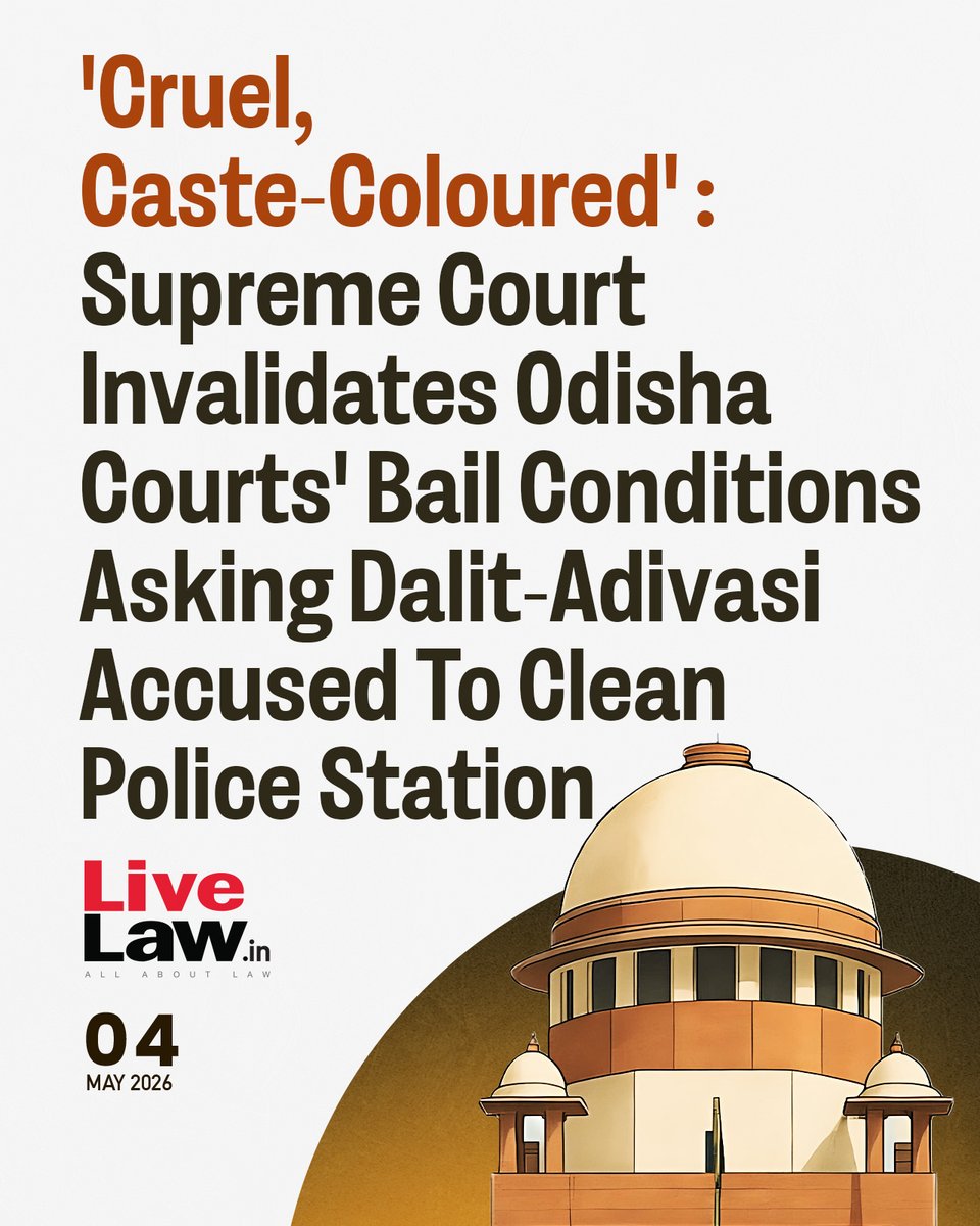 LiveLawIndia's tweet image. The Supreme Court of India on Monday came down heavily on courts in Odisha for imposing bail conditions that required accused persons from Dalit and Adivasi communities to clean police stations for a period of two months.
Read more: zurl.co/1WeqZ
#SupremeCourt