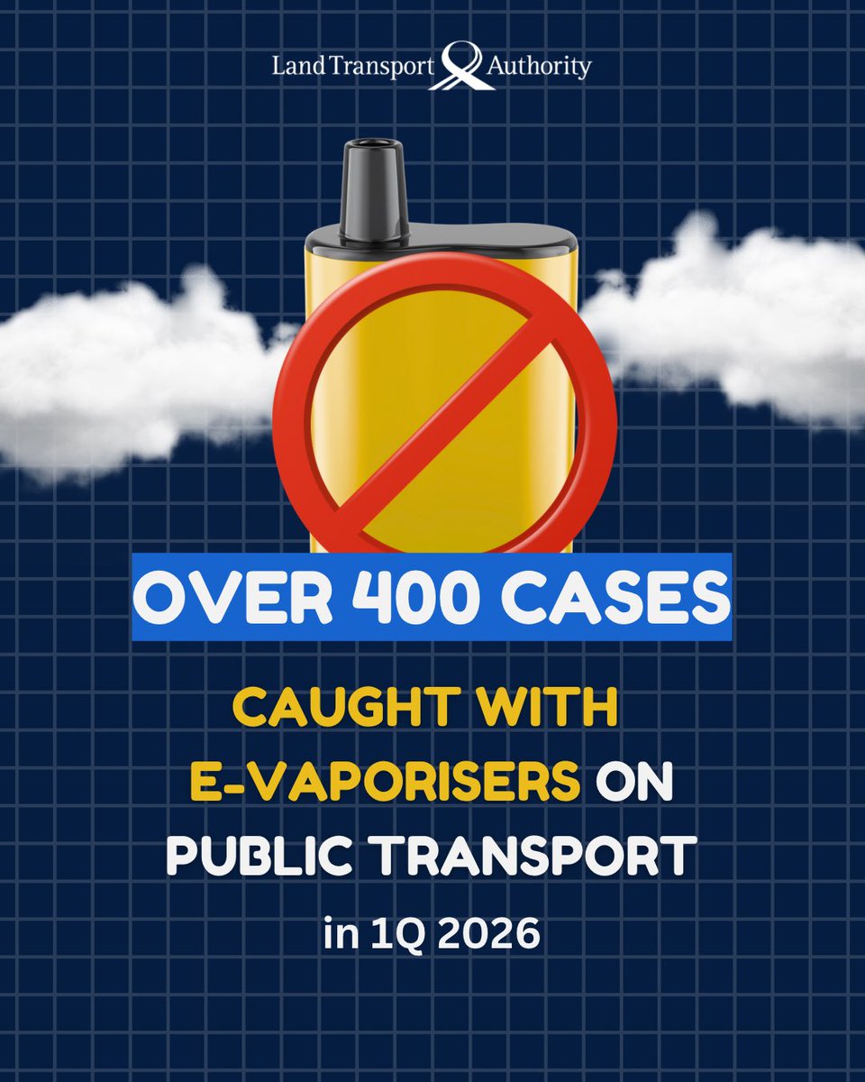 LTAsg's tweet image. #Reminder Don’t carry or use e-vaporisers on public transport. 

Anyone who has information on the illegal advertisement, import, distribution, sale or possession of vaporisers can report them via: go.gov.sg/reportvape