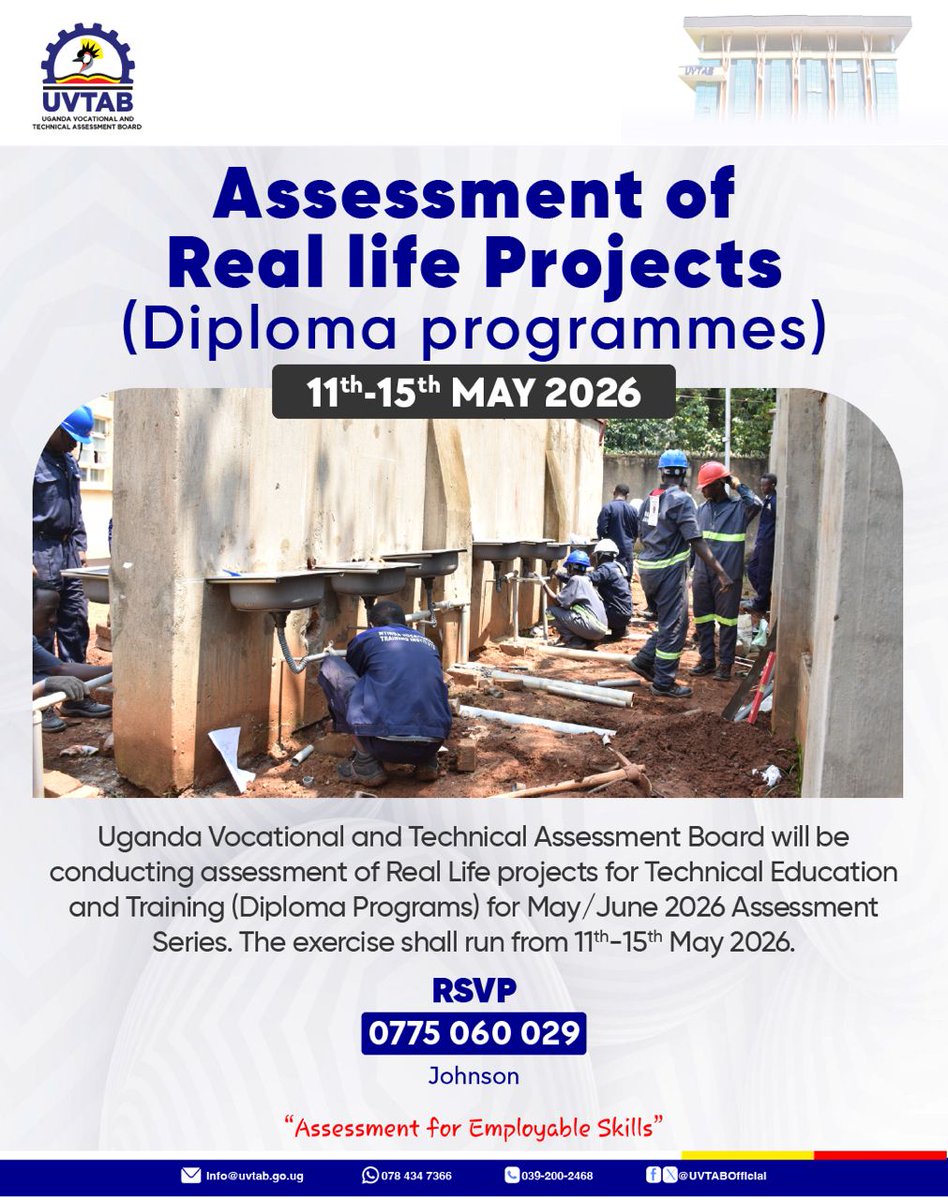 UVTABOfficial's tweet photo. Kind Reminder: Assessment of Real-life projects for the Diploma programmes
Happening from 11th-15th May 2026.

#RealLifeProjects #UVTABUpdates #TVETAssessment https://t.co/uQiOjJRN0X