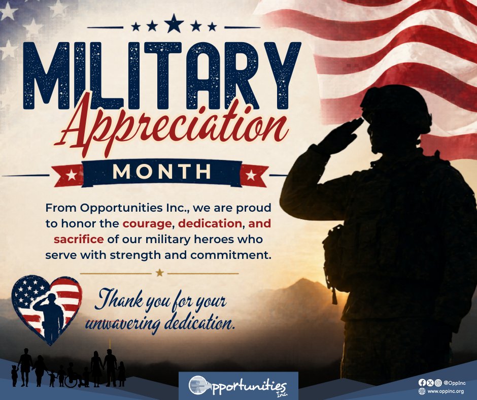 Military Appreciation Month  

From Opportunities Inc., we are proud to honor the courage, dedication, and sacrifice of our military heroes who serve with strength and commitment. 

Thank you for your unwavering dedication. 🪖💛 

#OppInc