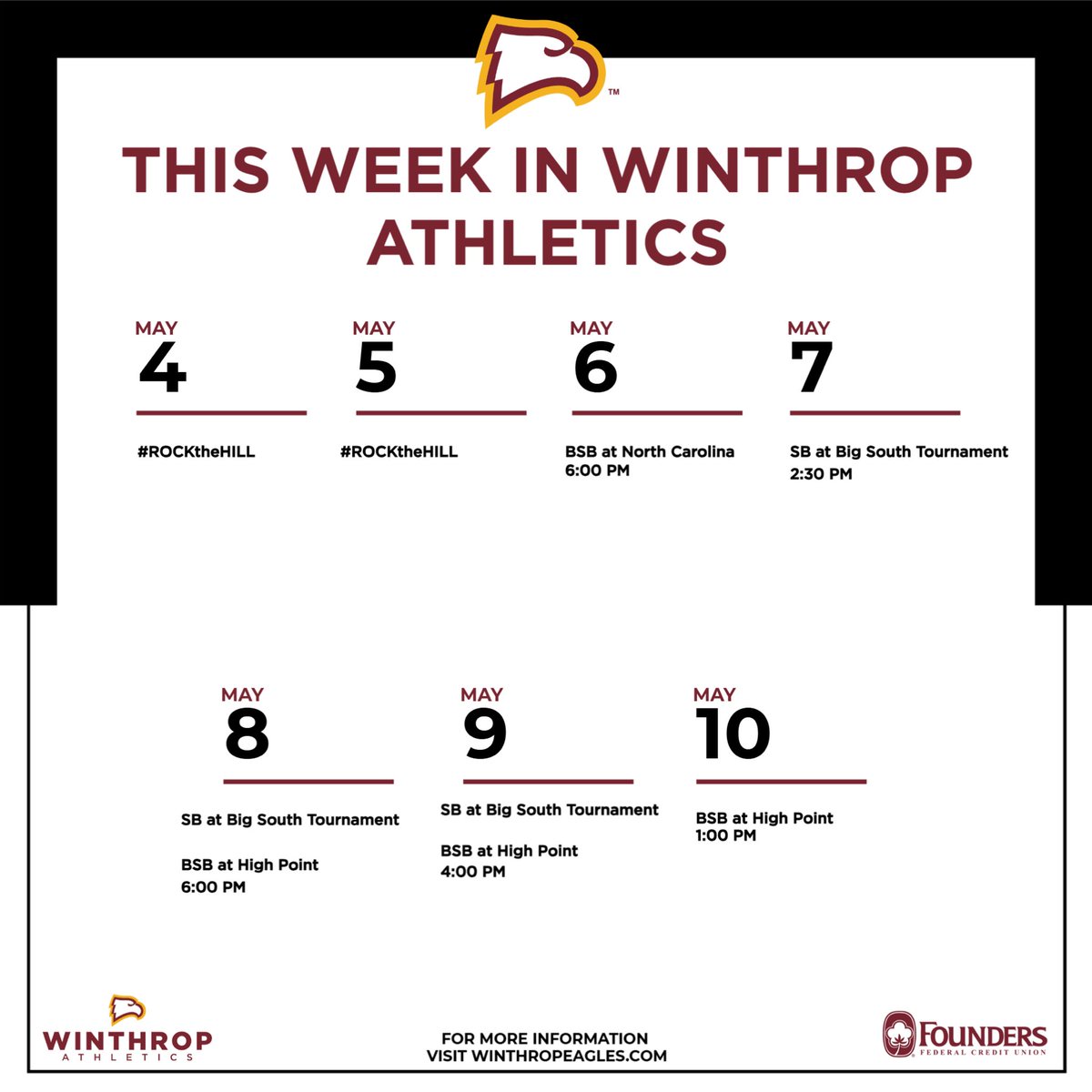 WUEagles's tweet photo. 𝙏𝙝𝙞𝙨 𝙒𝙚𝙚𝙠 𝙄𝙣 𝙒𝙞𝙣𝙩𝙝𝙧𝙤𝙥 𝘼𝙩𝙝𝙡𝙚𝙩𝙞𝙘𝙨

@Winthropsoftbal begins the Big South tournament and @WinthropBSB hits the road.

#ROCKtheHILL https://t.co/ma6Aw9RlPx