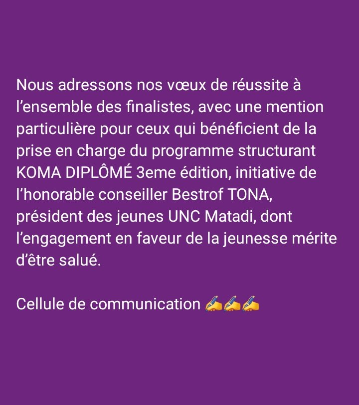 Golfmakani's tweet photo. Le président  de la ligue des jeunes UNC ville de Matadi Hon. Bestrof TONA adresse  ses vœux de réussite  aux finalistes il a pris en charge du programme  KOMA DIPLÔMÉ 3 ème  édition. 
@BestrofTona @JUNC @Matadi 
@Kongocentral @komadiplome https://t.co/2nXD3U66Gh