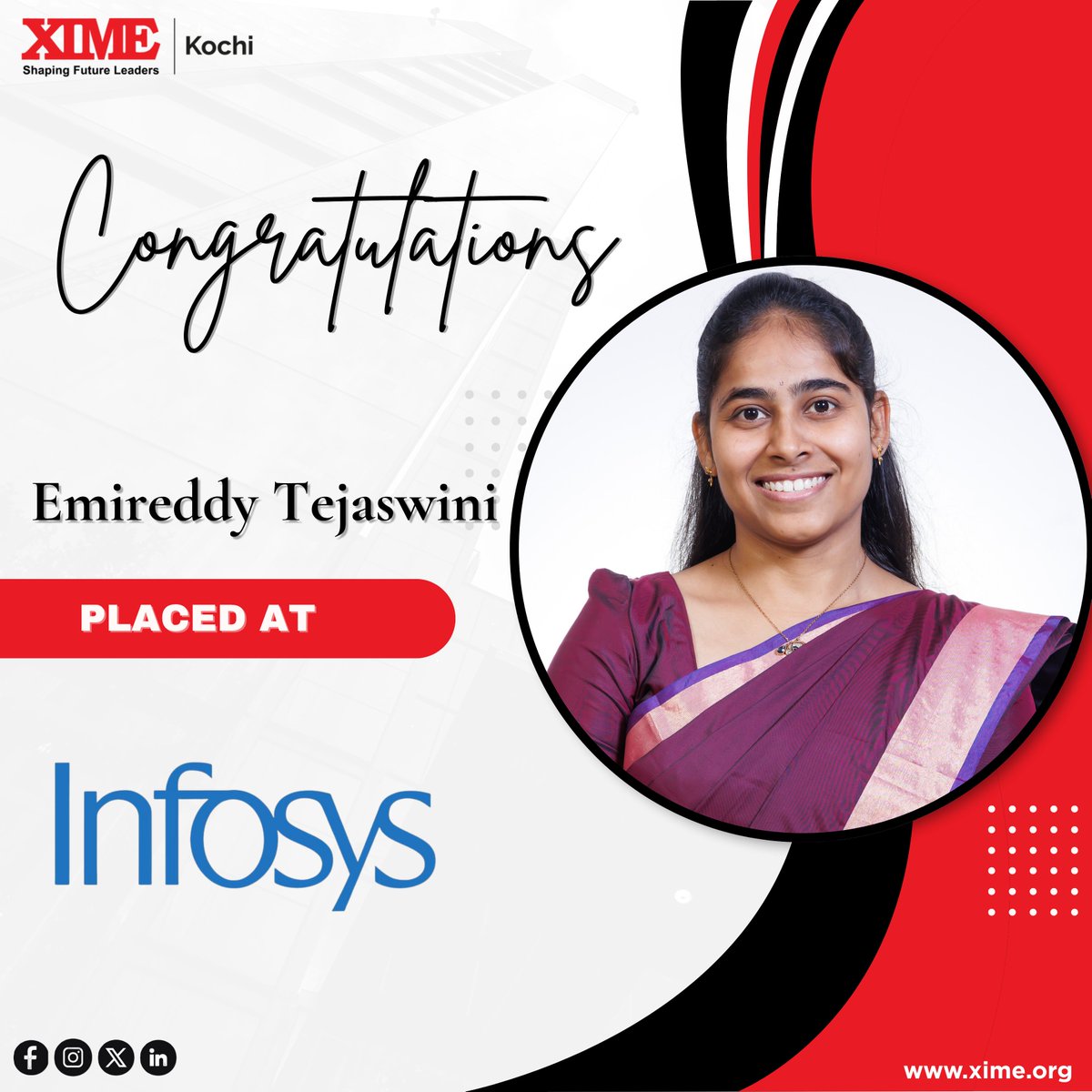 XIMEKochi's tweet photo. We are delighted to announce that Emireddy Tejaswini from Batch 12 has secured a placement with Infosys
@Infosys
Heartiest congratulations to Emireddy Tejaswini on this achievement!  Thanks to our corporate partners for empowering tomorrow’s leaders.
#ximekochi https://t.co/M8WSRzcuuF