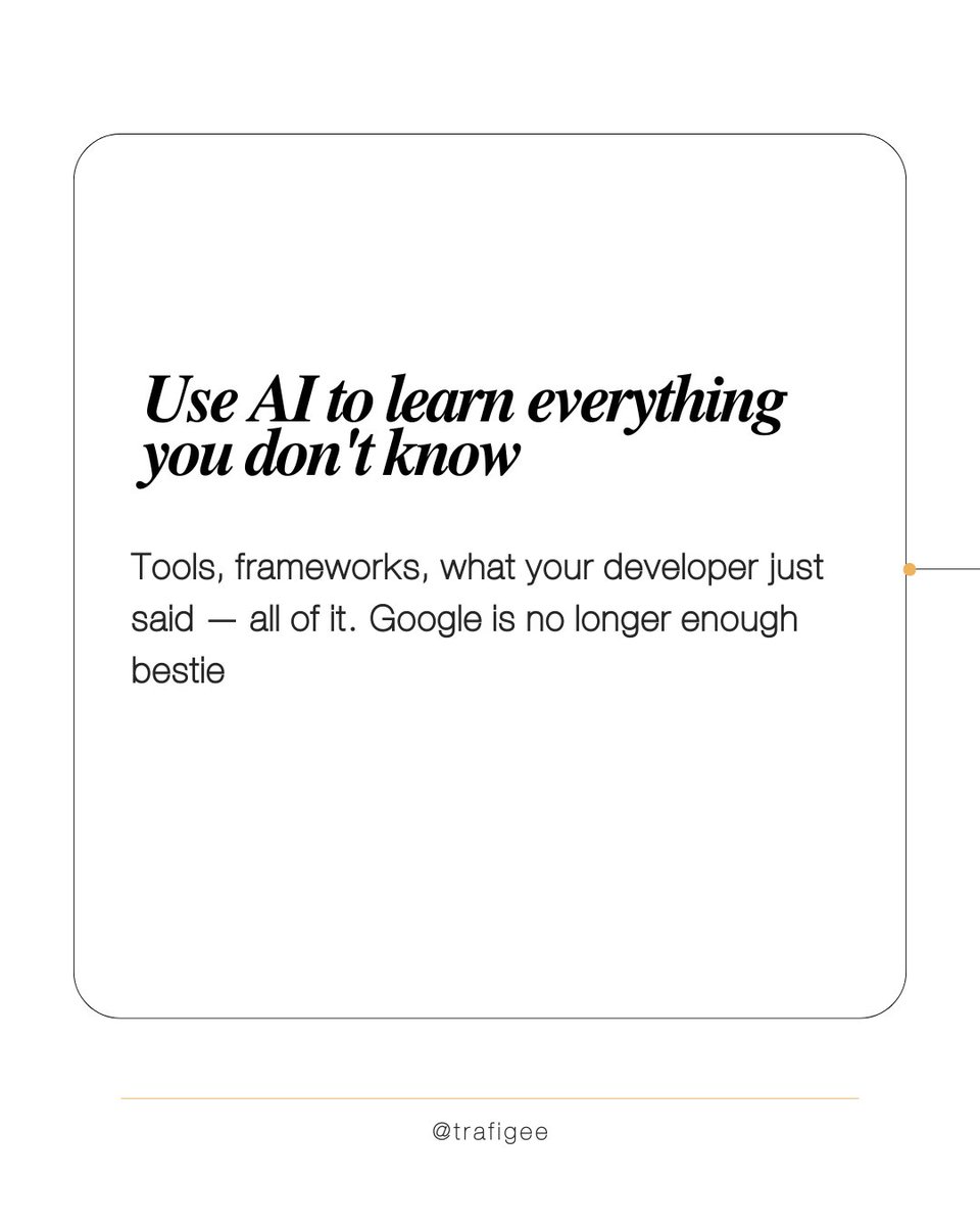 trafi_gee's tweet photo. Nobody tells you that hiring a developer as a non-tech founder is also signing up for unsolicited character development 😭 

Swipe for 5 lessons I learned the hard way building @enkare → https://t.co/OD4G4h3Tsa https://t.co/39l7QlEYPO