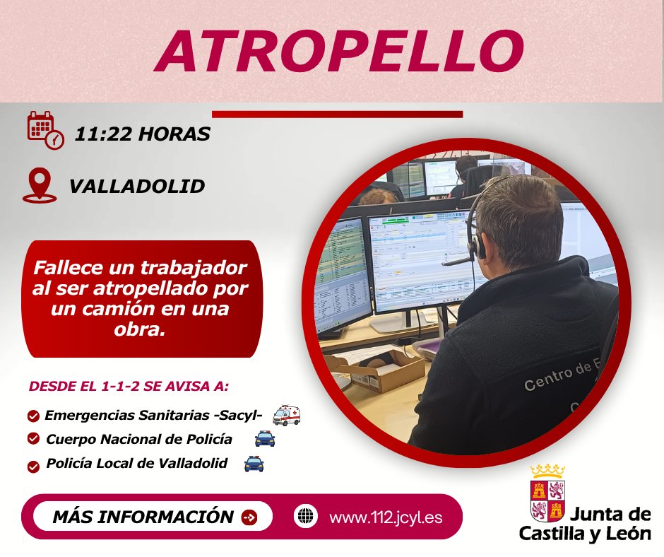 🚑| Emergencias 112cyl | Fallece un trabajador al ser atropellado por un camión en una obra en Valladolid.
#112cyl