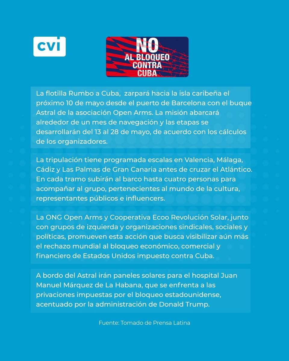 Romper el bloqueo estadounidense y suministrar paneles fotovoltaicos a un hospital pediátrico de #Cuba son los objetivos de una misión humanitaria que zarpará de #España. La flotilla Rumbo a Cuba, saldrá el próximo 10 de mayo desde el puerto de #Barcelona con el buque Astral.