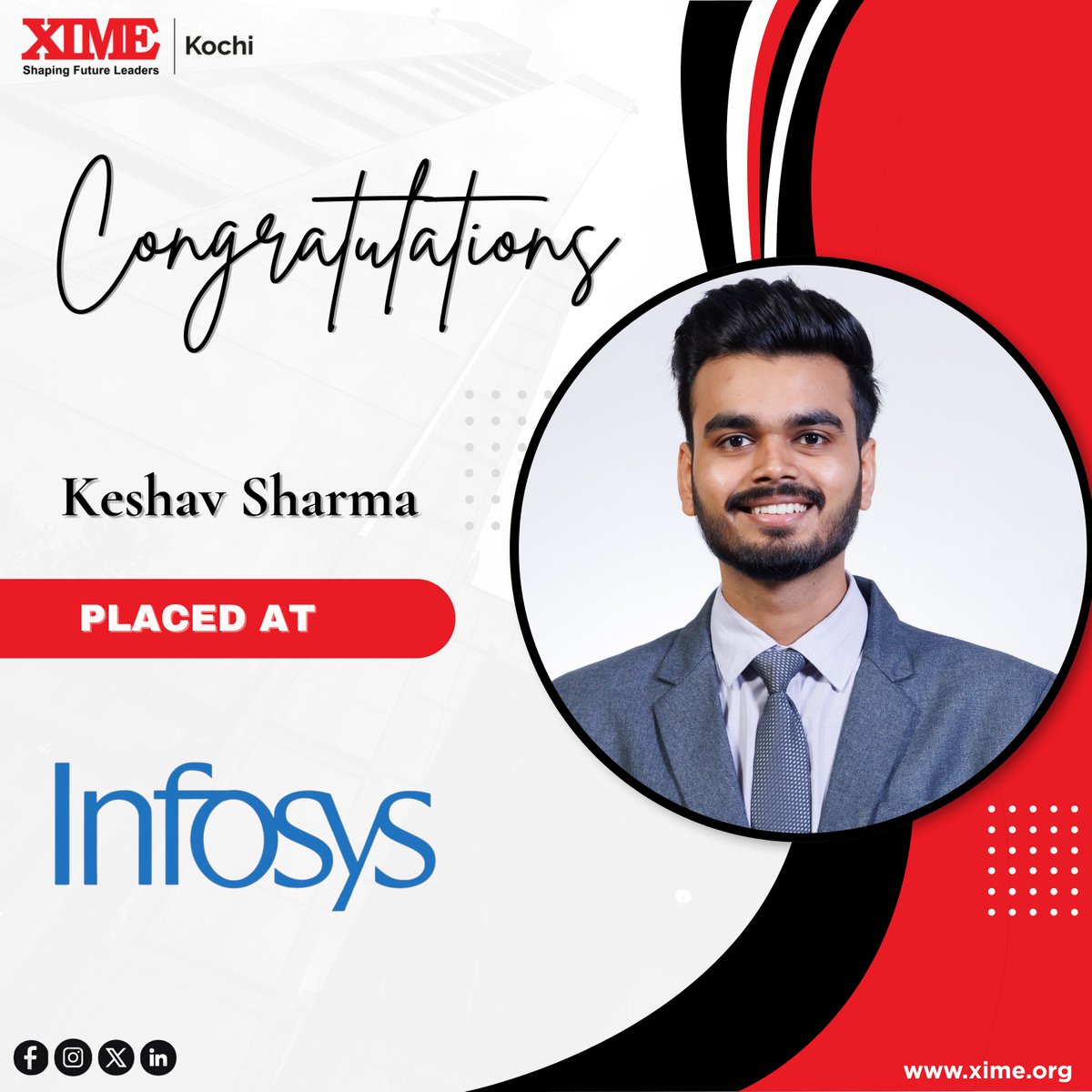 XIMEKochi's tweet photo. We are delighted to announce that Keshav Sharma from Batch 12 has secured a placement with Infosys
@Infosys
Heartiest congratulations to Keshav Sharma on this achievement!  Thanks to our corporate partners for empowering tomorrow’s leaders.
#ximekochi https://t.co/PzYgt3vmA8