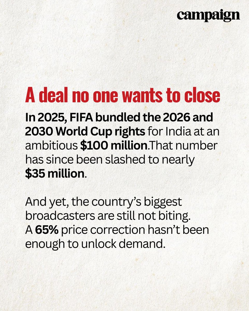 Campaign_India's tweet image. With &amp;lt;50 days to the @FIFAWorldCup 2026, India still has no official #broadcaster. Despite a 65% price slash, #networks are dodging the deal due to #cricket-heavy budgets and "midnight cliff" US match timings. 

Follow @Campaign_India for more media and marketing insights.

#fifa