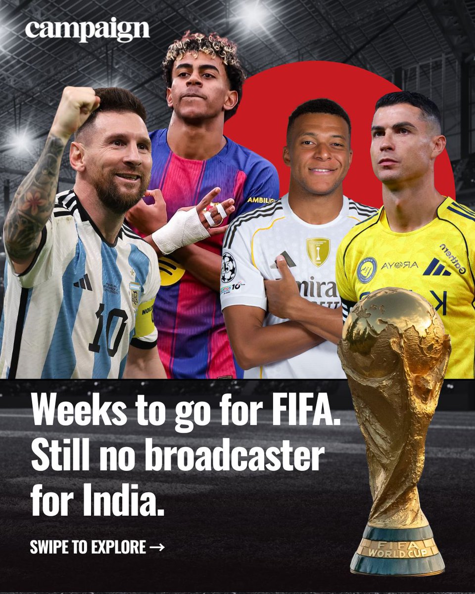 Campaign_India's tweet image. With &amp;lt;50 days to the @FIFAWorldCup 2026, India still has no official #broadcaster. Despite a 65% price slash, #networks are dodging the deal due to #cricket-heavy budgets and "midnight cliff" US match timings. 

Follow @Campaign_India for more media and marketing insights.

#fifa