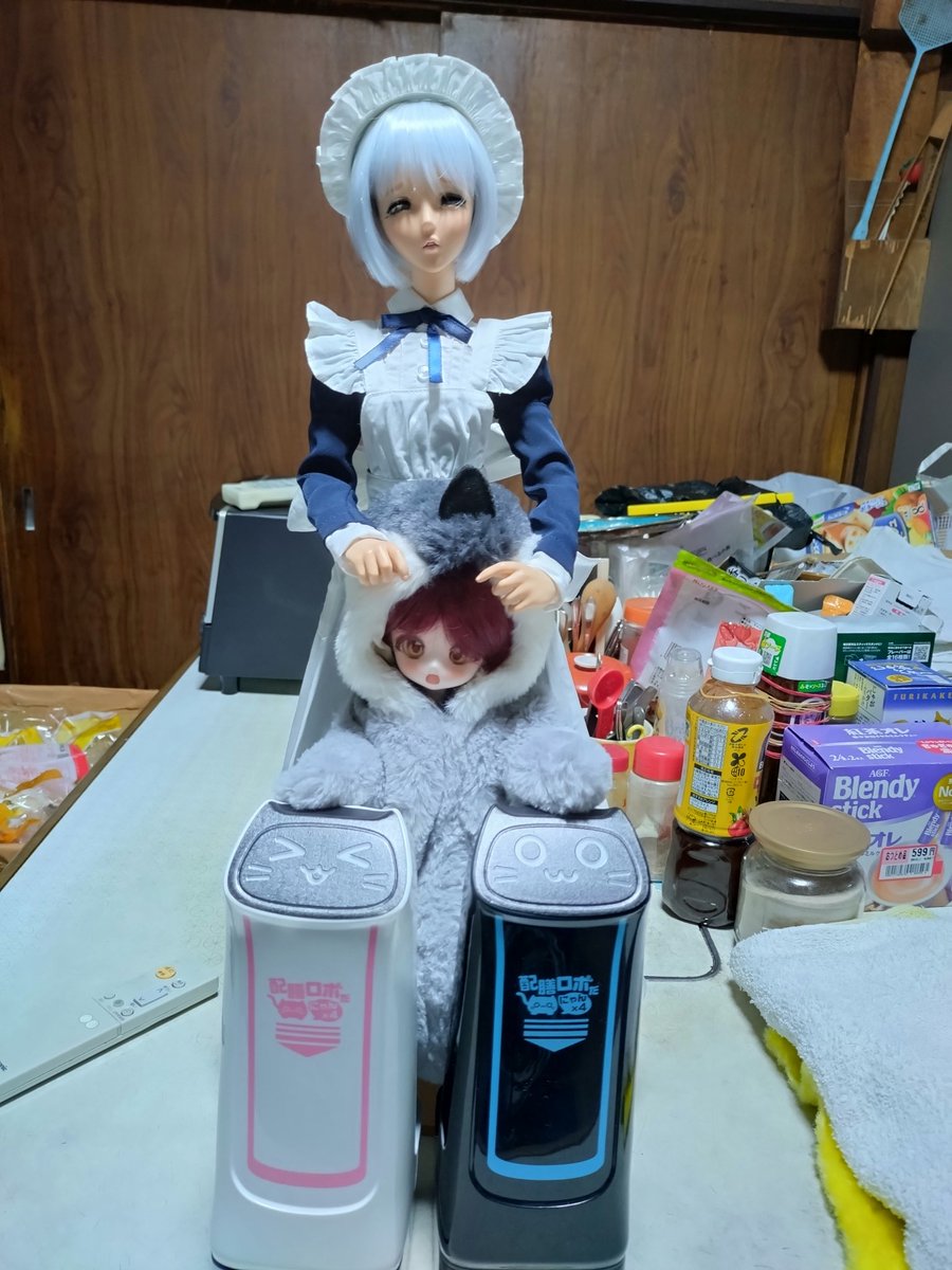 douke3dayo's tweet photo. 調子に乗ってもう1つラジコン配膳ロボの黒ゲット・・・ドールさんと並べたら・・・思ったより小さかった・・・
もう少し大きいと思ったが、まあいいか⊙⁠.⁠☉ https://t.co/eiAloudm8B