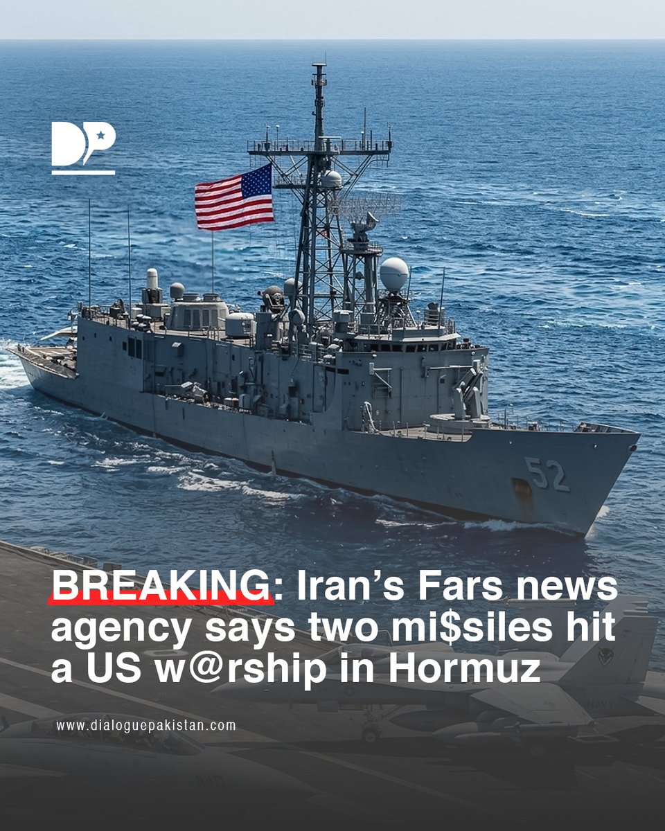 DialoguePak's tweet image. Iran’s Fars news agency, citing local sources, reports two mi$siles hit a US navy vessel near Jask island after it ignored warnings from the Revolutionary Guard to halt.

#DialoguePakistan #Iran #Agency #US #Hormuz